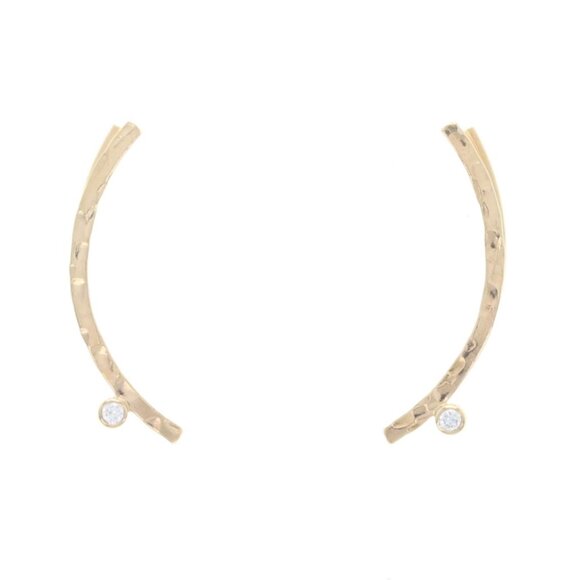 Yellow Gold Diamond Crescent Ear Climber Earrings 14k Round Cut Curved Hammered - Picture 2 of 4